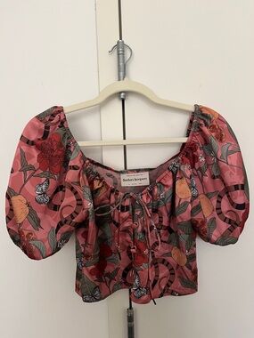 Finders Keepers Pink Botanical Puff-Sleeve Tie Front Top